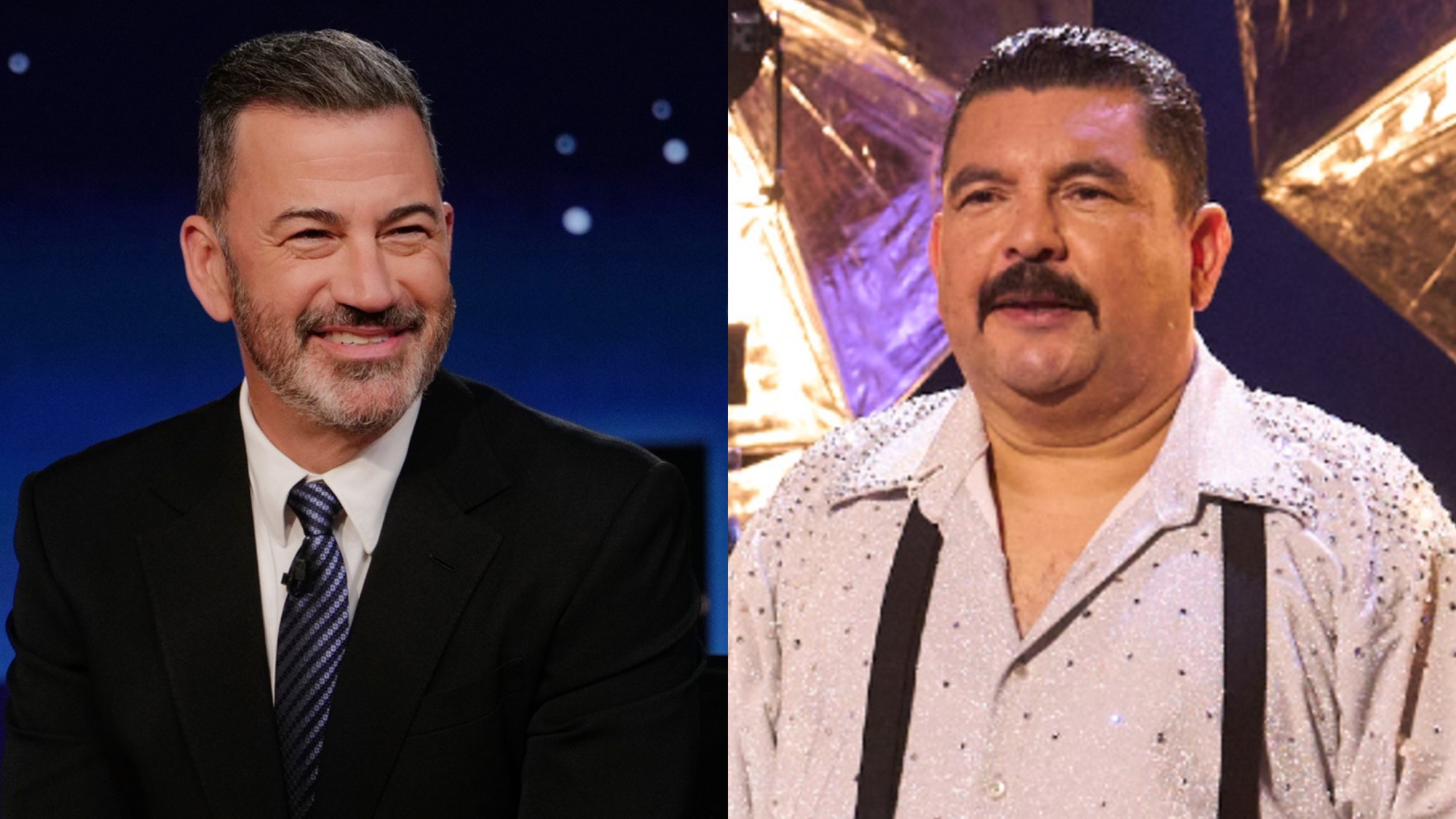 From L to R: Jimmy Kimmel sitting at his desk on Jimmy Kimmel Live!, Guillermo Rodriguez in the ballroom on Dancing With the Stars.