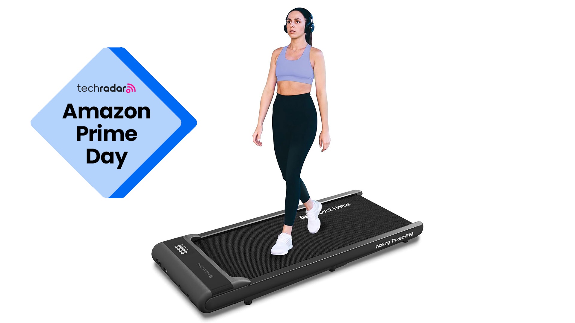 Mobvoi Walking Pad with a woman walking on it, on a white background, next to blue Amazon Prime Day badge