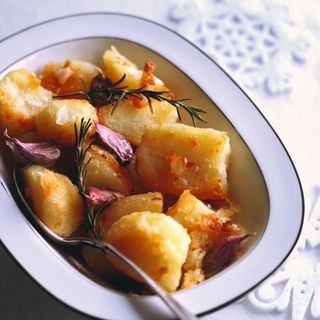 Roast potatoes in serving dish