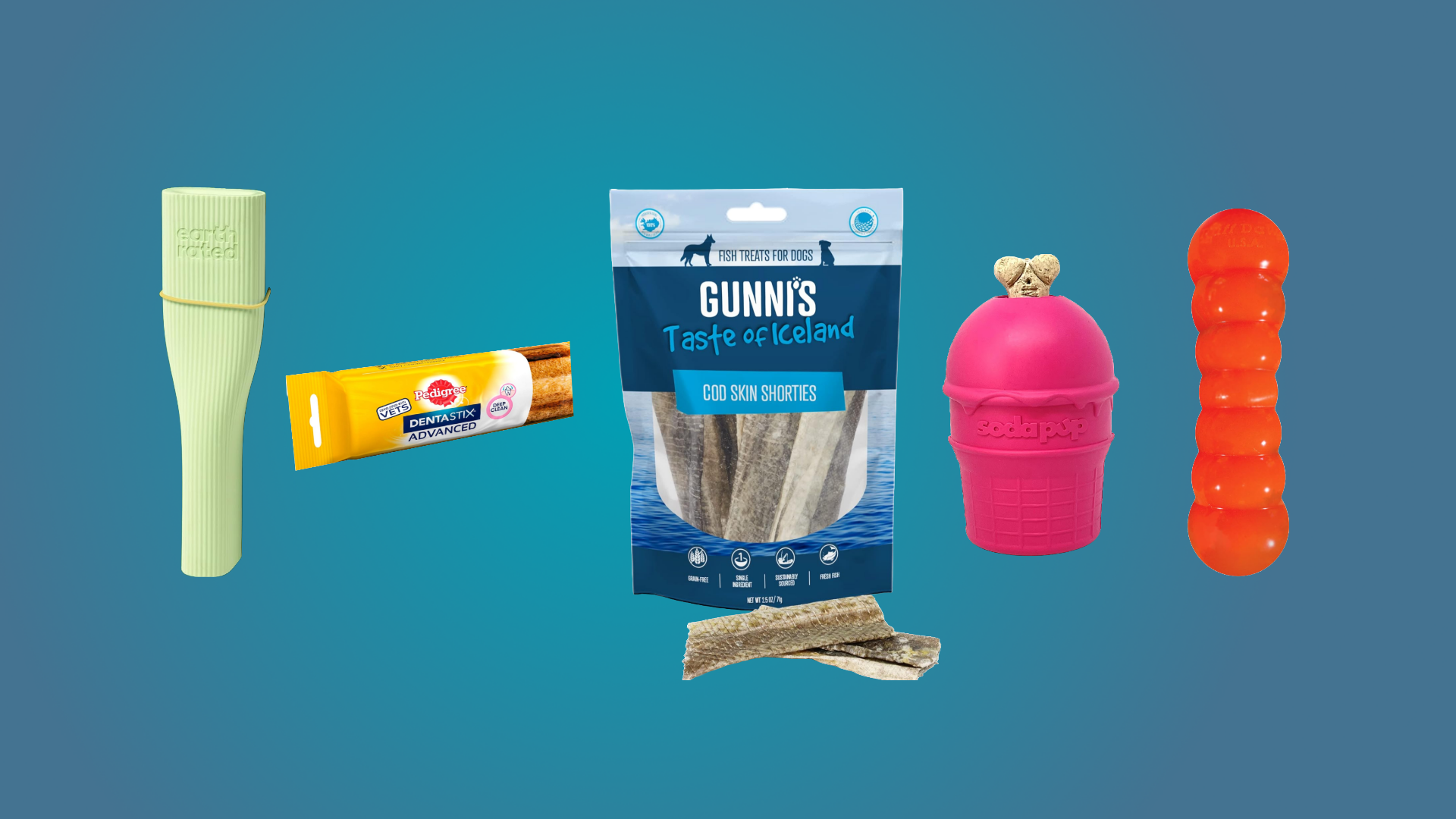 Montage of the best long-lasting dog chews round-up on top of a teal blue gradient background