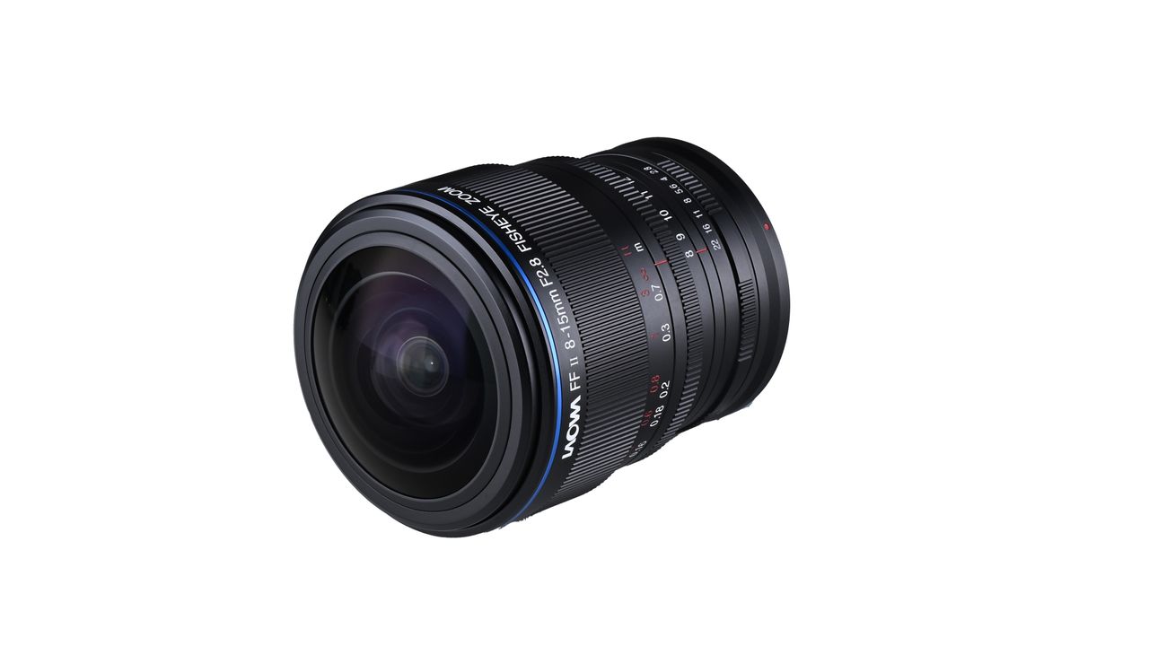 An image of the Laowa 8-15mm f/2.8 on a white background