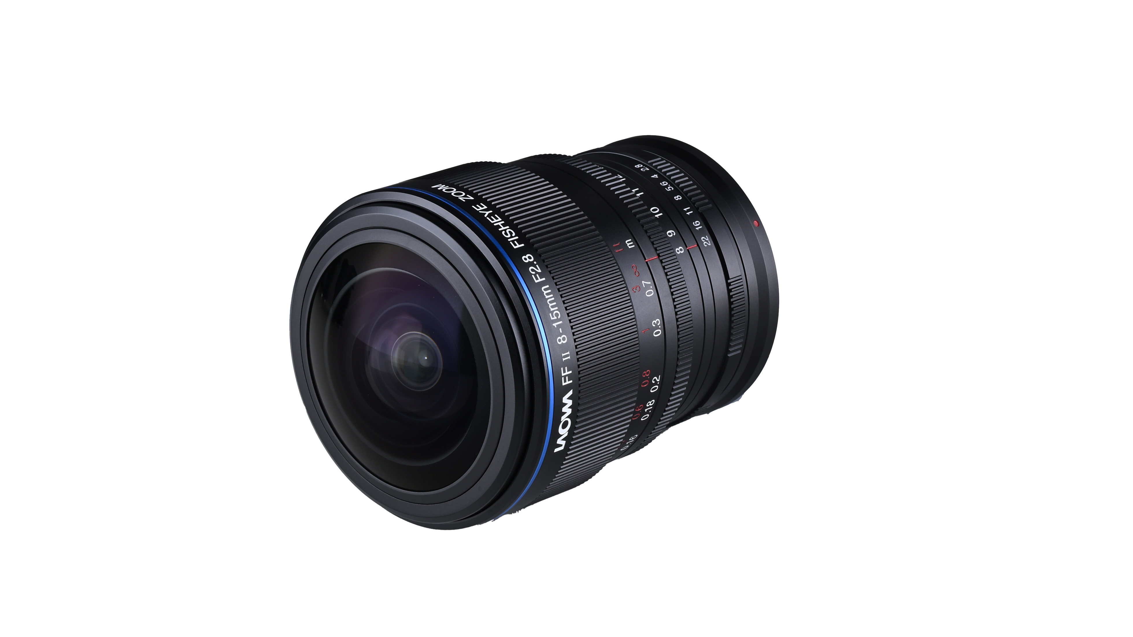 An image of the Laowa 8-15mm f/2.8 on a white background
