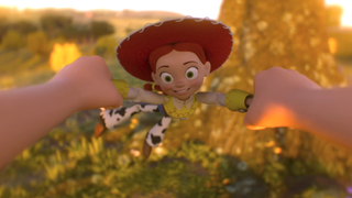 Jessie being swung around outside in Toy Story 5