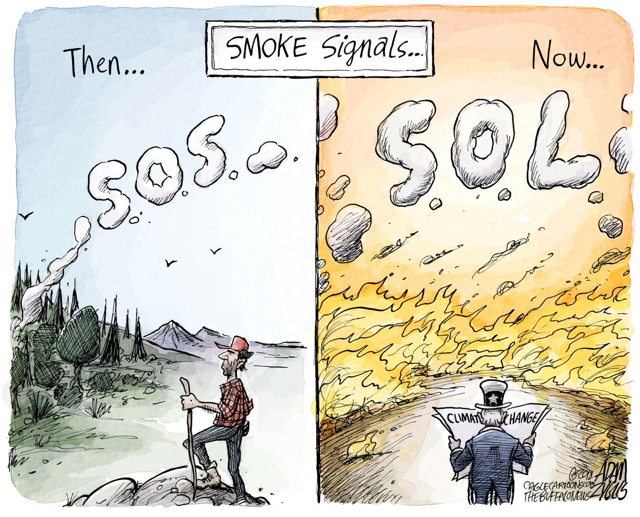 Editorial cartoon U.S. California wildfires climate change SOS SOL