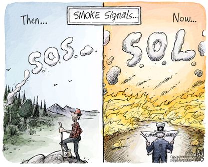 Editorial cartoon U.S. California wildfires climate change SOS SOL