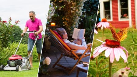 A montage of lawn care and gardening photos