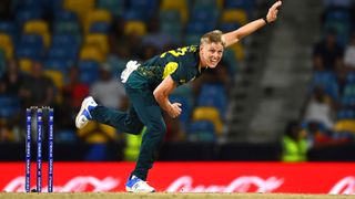Nathan Ellis of Australia bowling ahead of the Australia vs England live stream in the 2024 T20 World Cup.