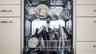 a full dishwasher from a straight-on view