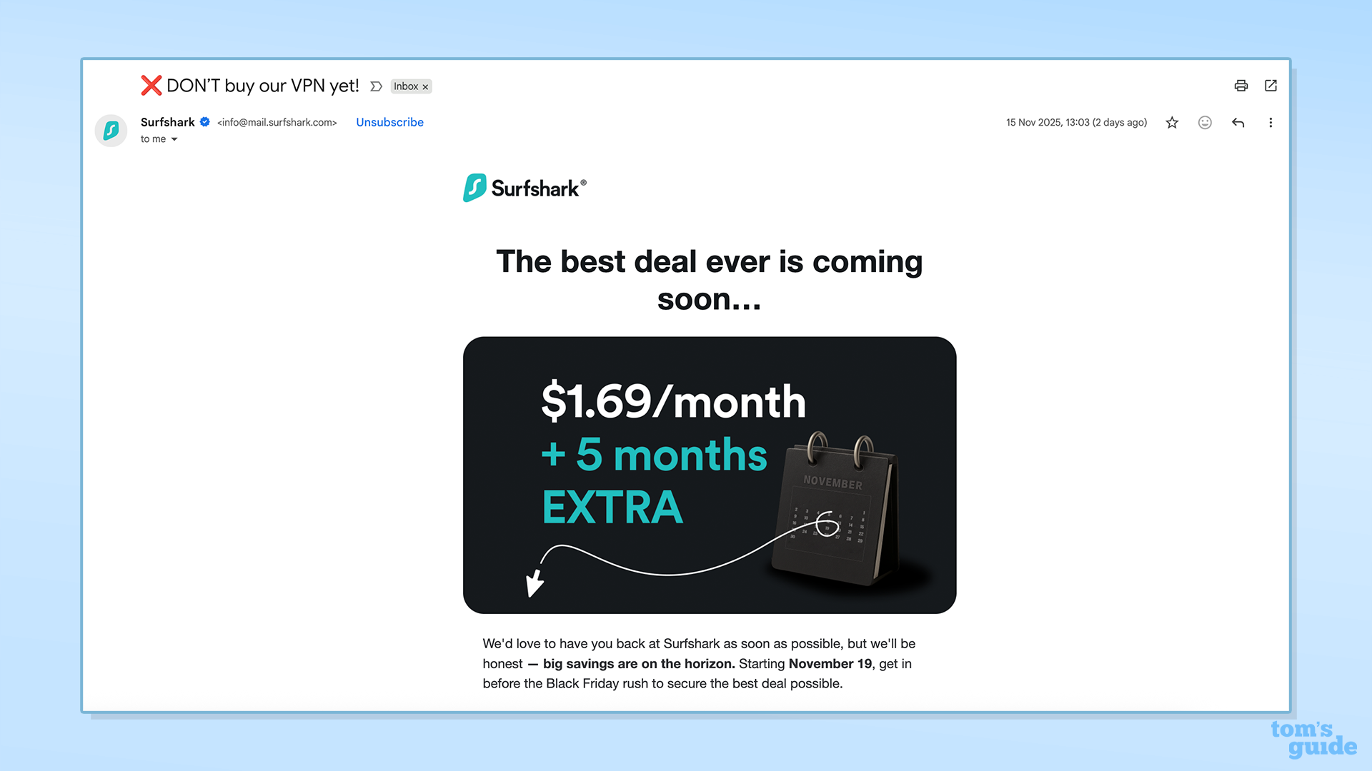 Screenshot of an email outlining Surfshark&#039;s pre-Black Friday deal