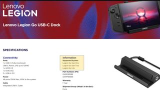 Screenshot of Lenovo Legion Go docking station page with Legion Go Gen 1, Gen 2, and Lite listing highlighted