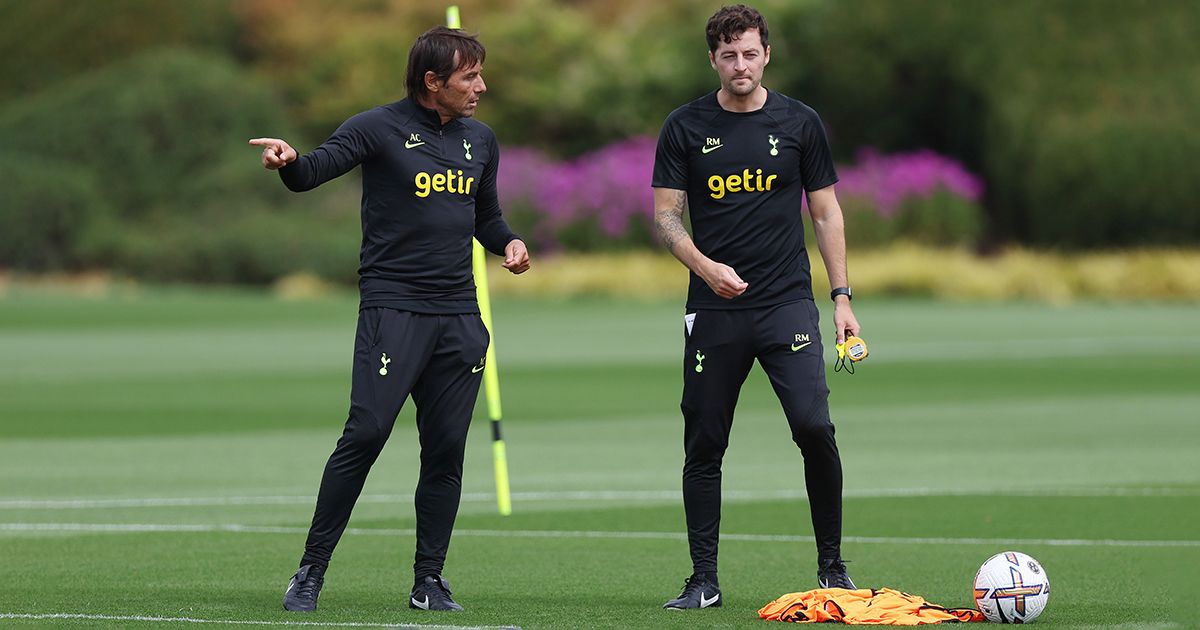 Antonio Conte, head coach of Tottenham Hotspur and Ryan Mason, first team coach at Tottenham Hotspur during the Tottenham Hotspur training session at Tottenham Hotspur Training Centre on July 21, 2022 in Enfield, England. 