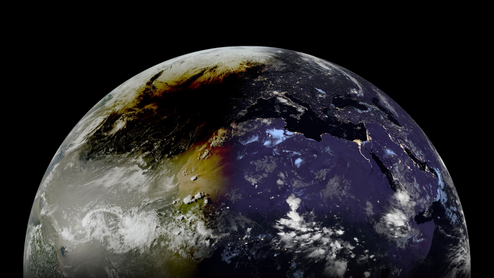 A picture of Earth captured from an orbiting spacecraft. Its right side is shadowed, and the moon's dark shadow can be seen darkening the daylit side during an eclipse.