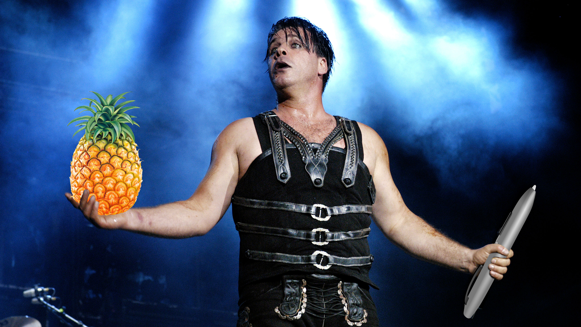 Rammstein&#039;s Till Lindemann. Pineapple and pen were Photoshopped