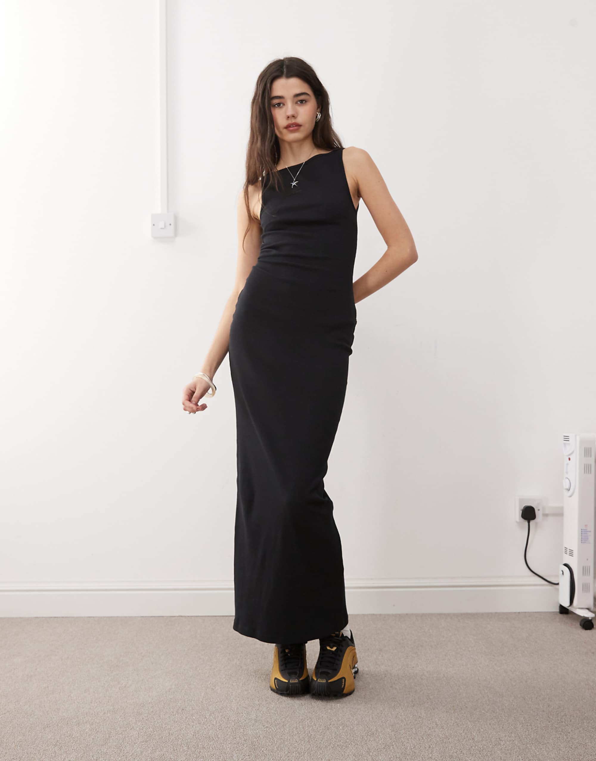 Collusion Slash Neck Maxi Dress in Black
