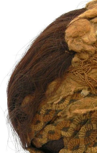The back of a man's head, showing a headband resting on top of a light brown cotton fiber and a loosely woven cotton cloth.