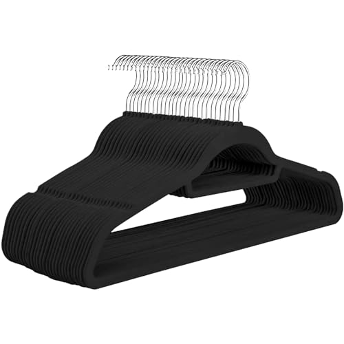 50 Velvet Hangers Non-Slip Clothes Coat Hangers Coat With Tie Bar and 360° Swivel Hook Space-Saving 0.6 Cm Thick 45 Cm Long, for Dresses Trousers(50 Pack Black)