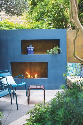 blue outdoor fireplace