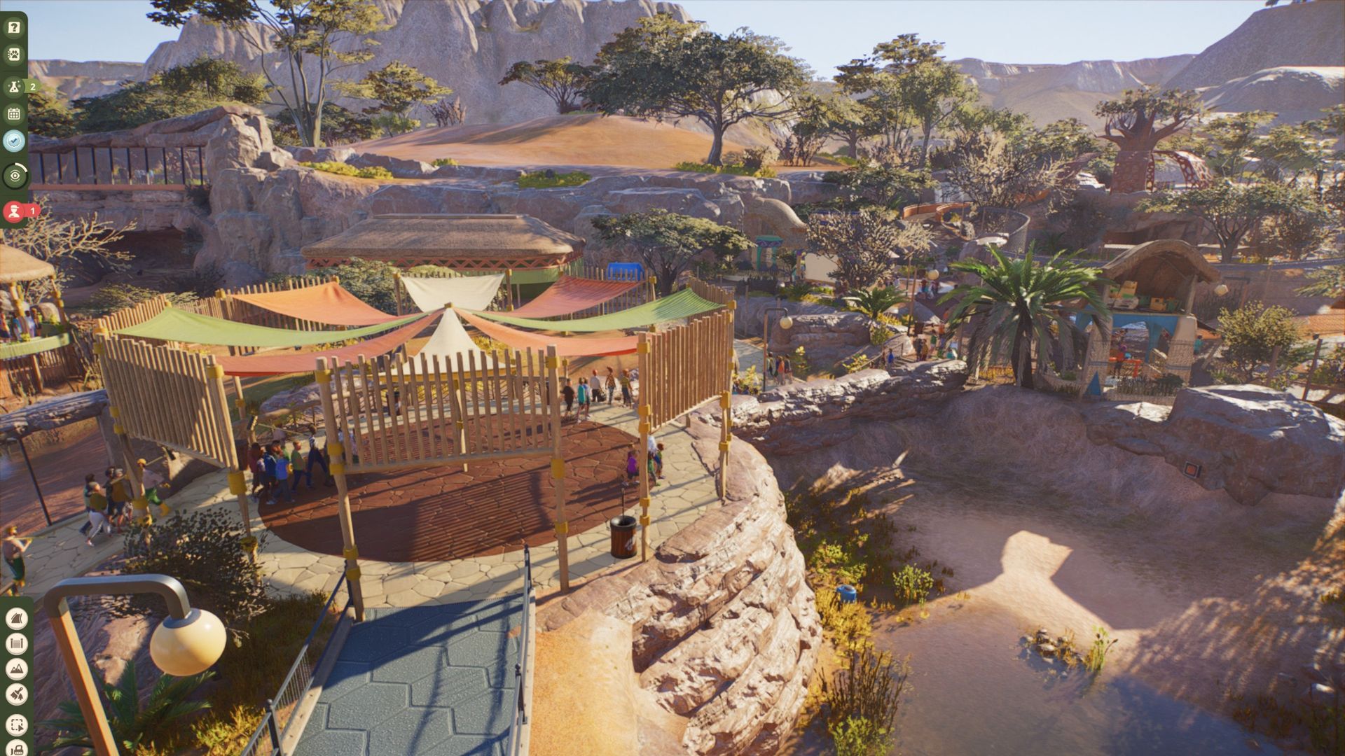 A circular viewing platform draped with fabric strips in Planet Zoo 2.