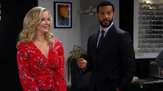 Jennifer Gareis and Aaron Spears as Donna and Justin in an office in The Bold and the Beautiful