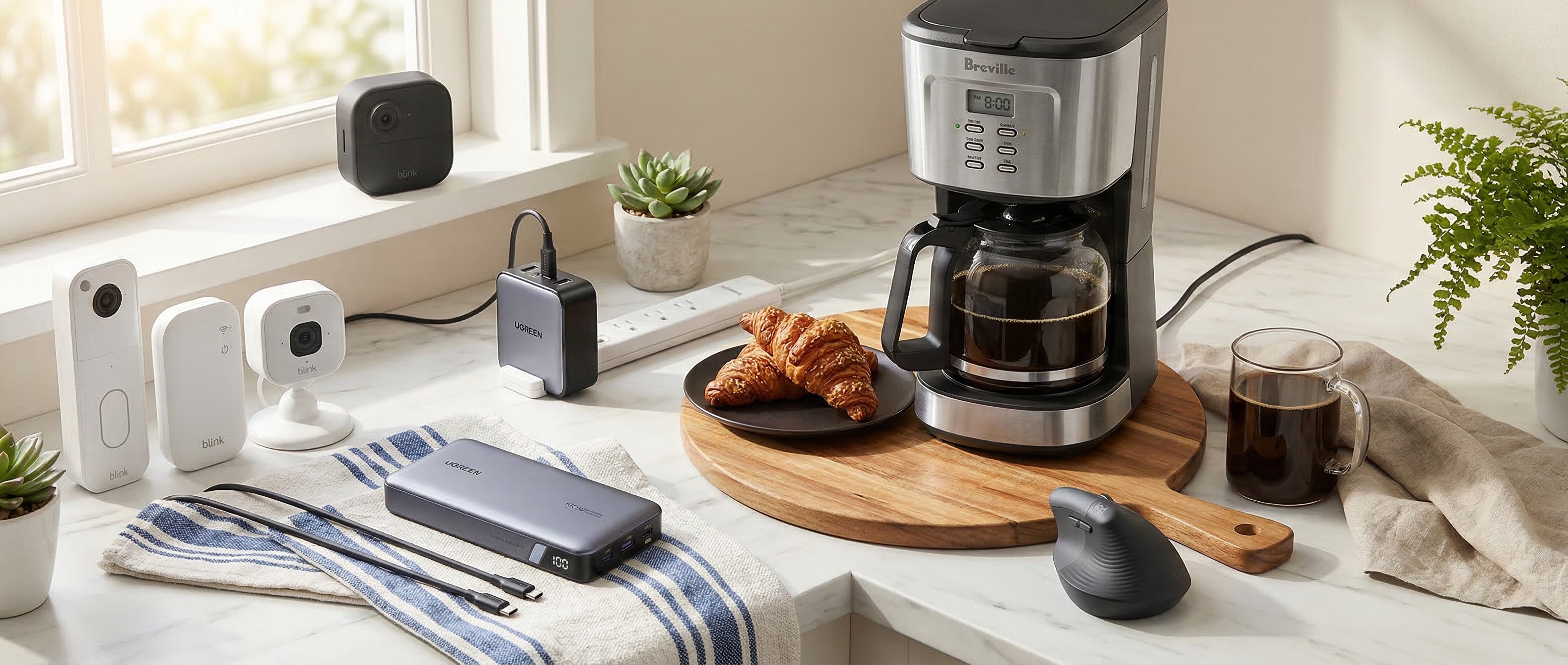 Various products arranged on a kitchen countertop
