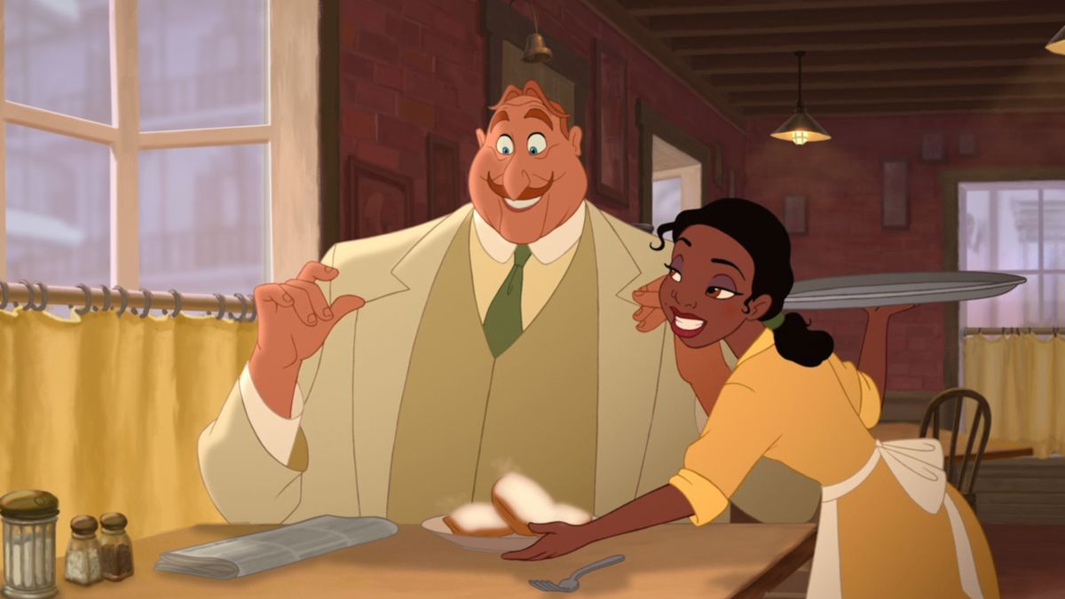 Tiana serves her famous beignets to a very happy Big Daddy La Bouff in The Princess and the Frog.