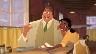 Tiana serves her famous beignets to a very happy Big Daddy La Bouff in The Princess and the Frog.