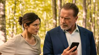 (L to R) Monica Barbaro as Emma Brunner, Arnold Schwarzenegger as Luke Brunner in episode 101 of Fubar