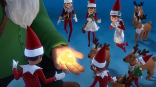 Elves looking at a glowing heart in Santa's hand