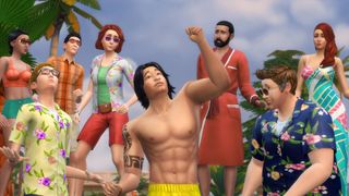 Så fuskar du i Sims 4: Ett gäng simmar poserar på en strand med palmer i bakgrunden.