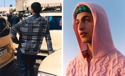 Man on left leaning on car in Morocco in new season menswear, man on right in sunlight wearing hood