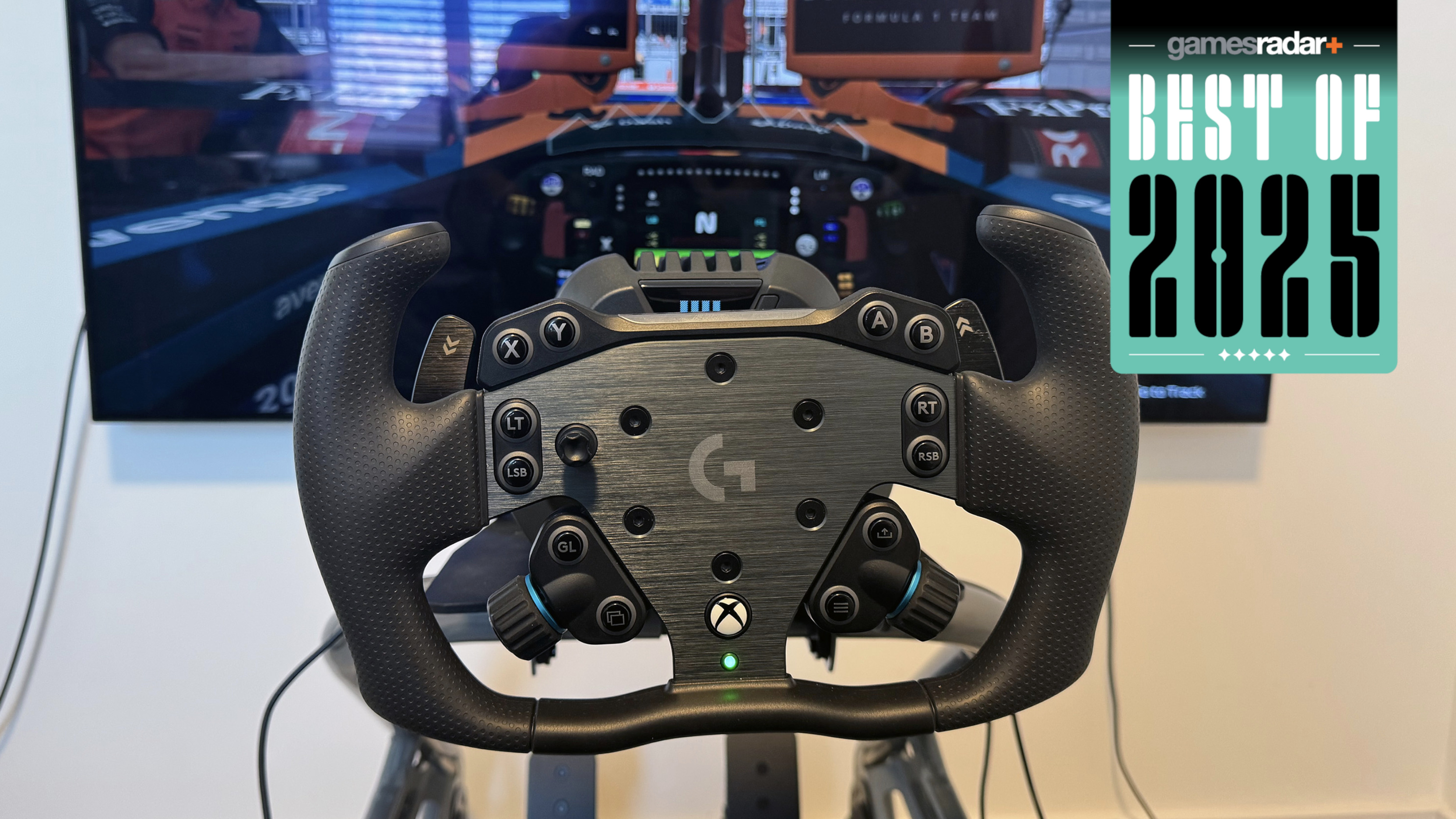 Logitech G RS50 racing wheel in a sim setup with 'best of 2025' badge