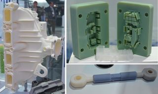 3D-printed parts displayed by Ford. Clockwise, from left: a prototype intake manifold, injection molding die used to make small plastic parts, and prototype tie rod.