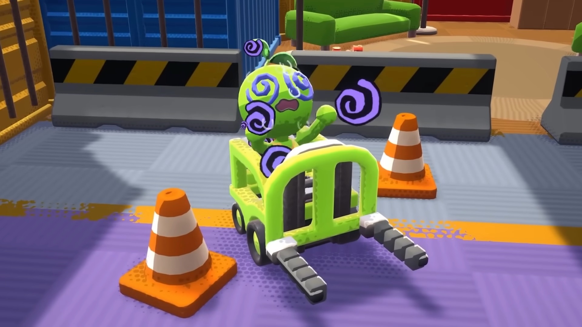 Crashout Crew screenshot of a green creature sitting dizzied in a green forklift