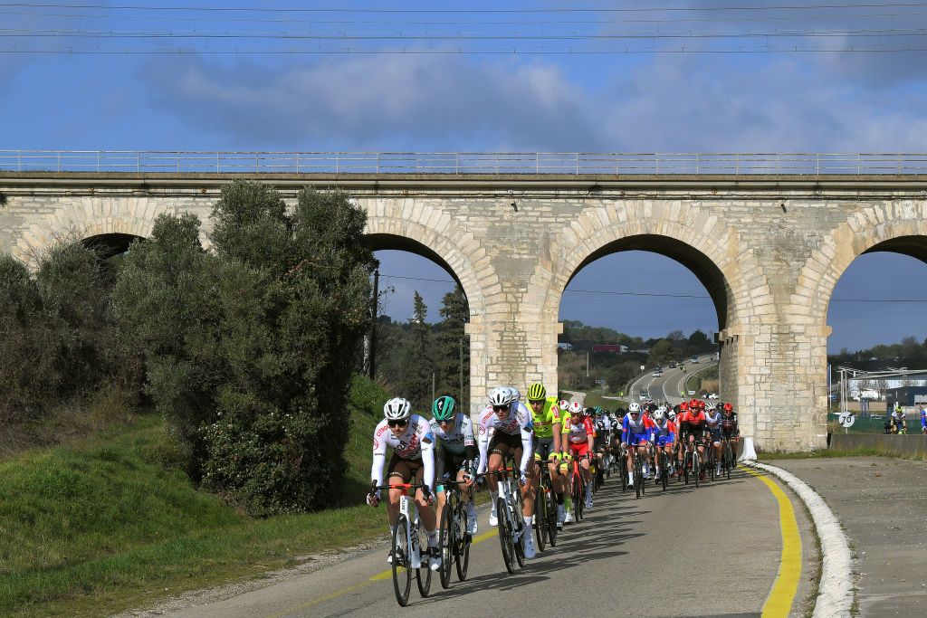 BELLEGARDE FRANCE FEBRUARY 03 Alexis Gougeard of France and AG2R Citroen Team during the 51st toile de Bessges Tour du Gard 2021 Stage 1 a 14355km stage from Bellegarde to Bellegarde 57m Peloton Landscape Bridge EDB2020 on February 03 2021 in Bellegarde France Photo by Luc ClaessenGetty Images