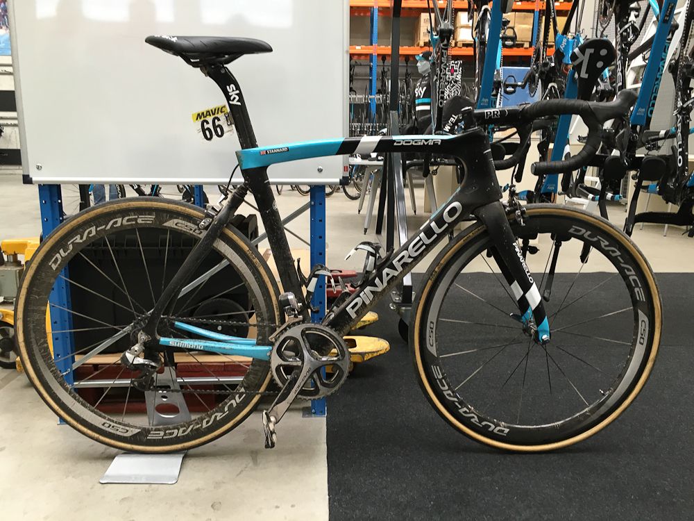 Ian Stannard's Pinarello Dogma K8-S in the Team Sky service course following Paris-Roubaix.