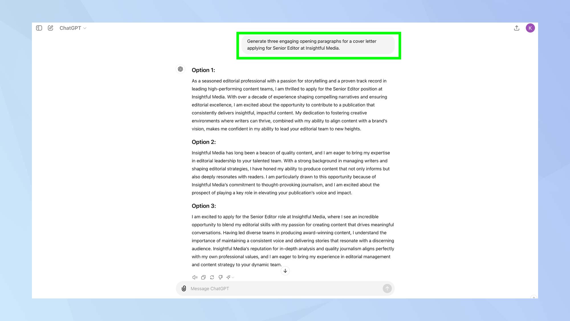 ChatGPT cover letter prompt