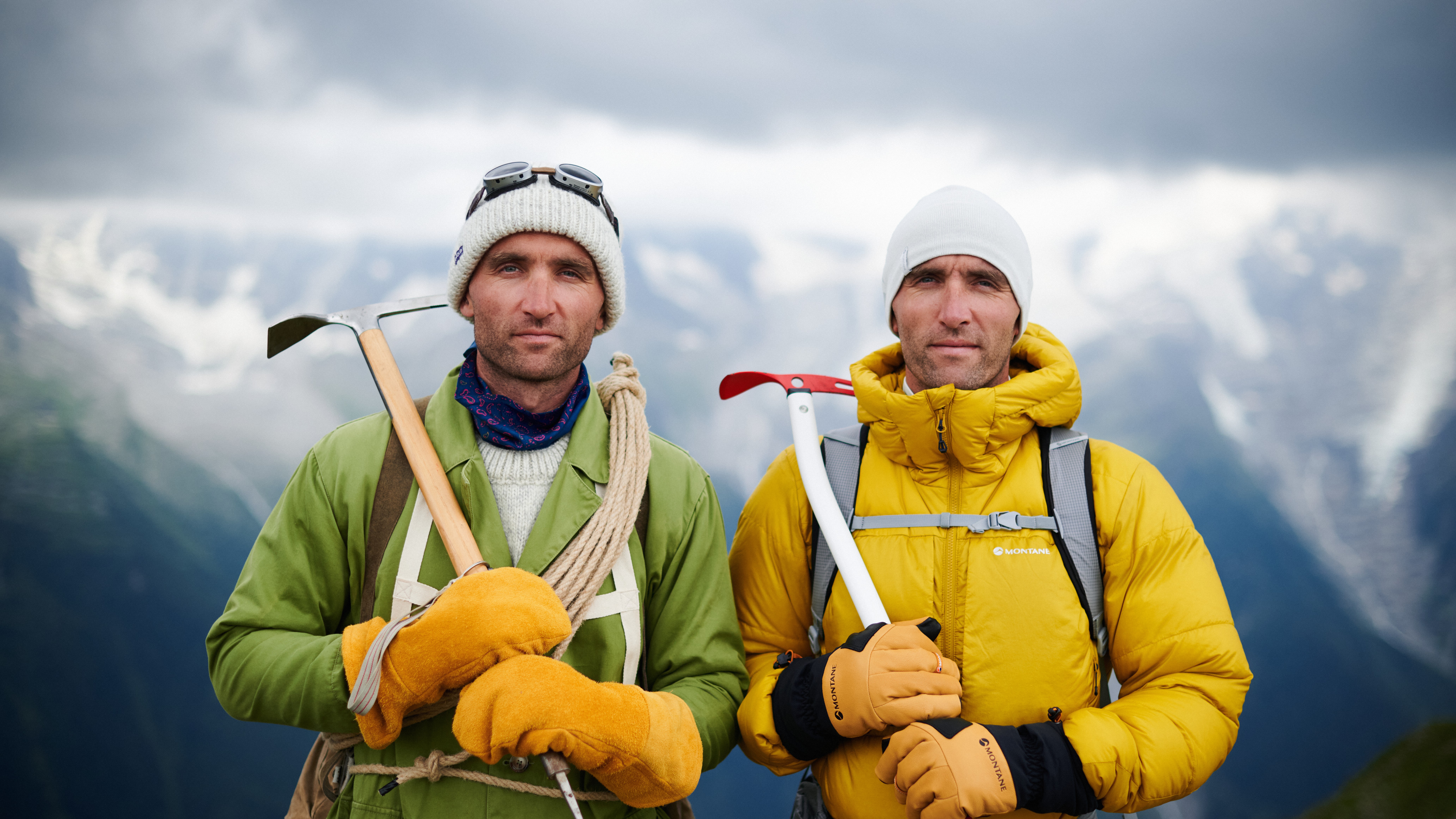 Press shot showing the Turner twins comparing 1920s mountaineering kit with Montane kit in a mountain environment
