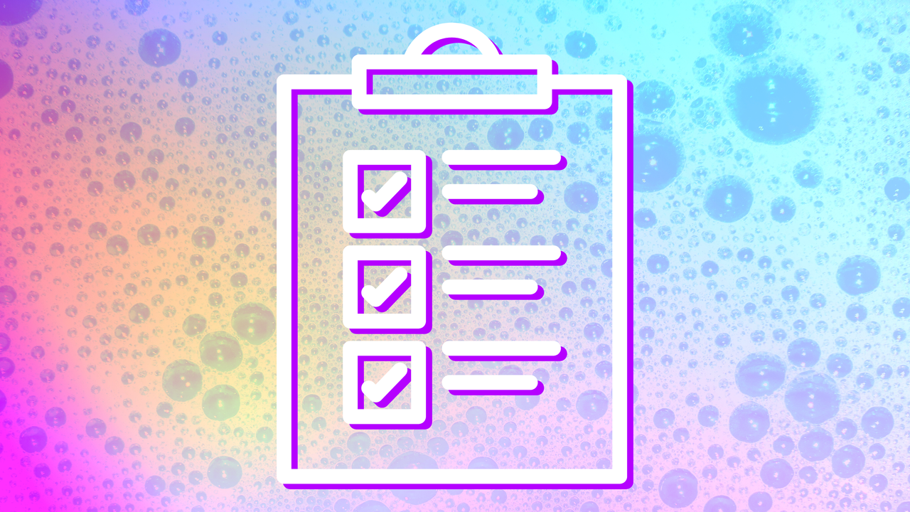 A graphic clipboard checklist over a rainbow bubble background