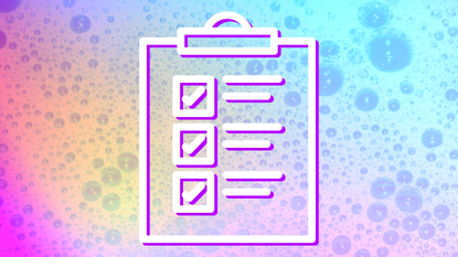 A graphic clipboard checklist over a rainbow bubble background