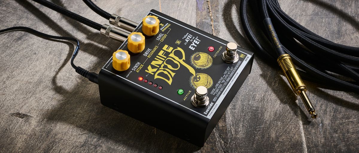 An Eventide x Third Man Hardware Knife Drop synth pedal on a wooden floor with a guitar cable