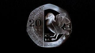 The reverse face of a 20p coin, featuring a design of a puffin