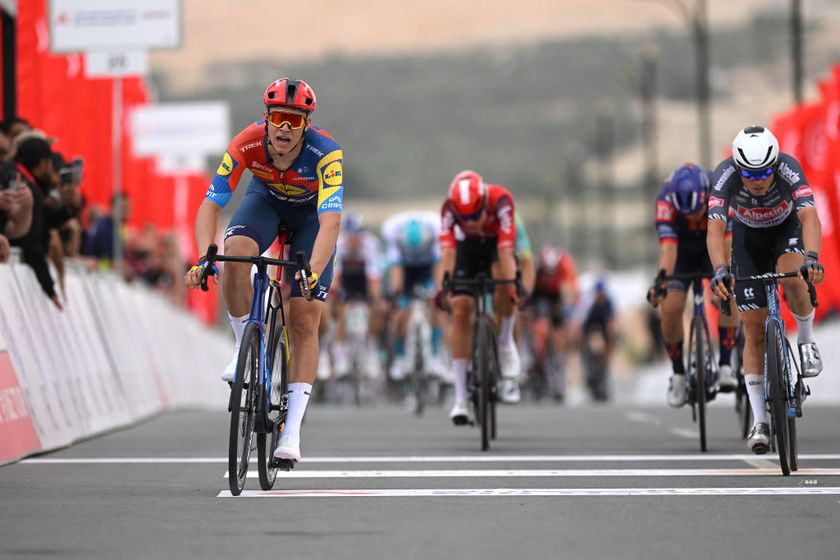 LIWA PALACE ABU DHABI UNITED ARAB EMIRATES FEBRUARY 17 Jonathan Milan of Italy and Team LidlTrek L celebrates at finish line as stage winner during the to the 7th UAE Tour Stage 1 a 138km stage from Madinat Zayed Shams Solar Park to Liwa Palace UCIWWT on February 17 2025 in Liwa Palace Abu Dhabi United Arab Emirates Photo by Dario BelingheriGetty Images