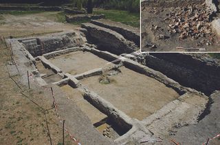 Remains of Etruscan merchants' quarters in Lattara, France, where large amphoras, or jars, containing traces of wine were discovered (inset).