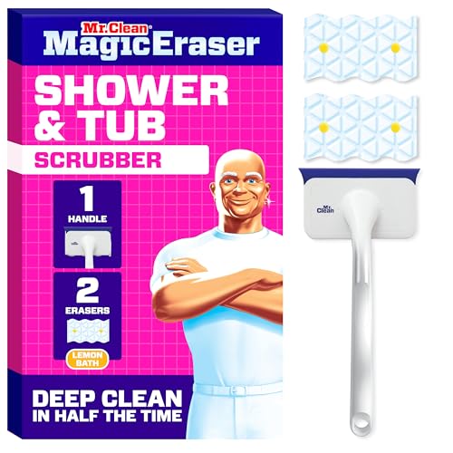Mr. Clean Magic Eraser Shower &amp;amp; Tub Scrubber, Bathroom Cleaner, All in One Bathroom Cleaner, Lemon Starter Kit, 1 Scrubber &amp;amp; 2 Foaming Magic Erasers