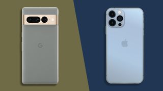 Google Pixel 7 Pro and iPhone 13 Pro Max on two-color background