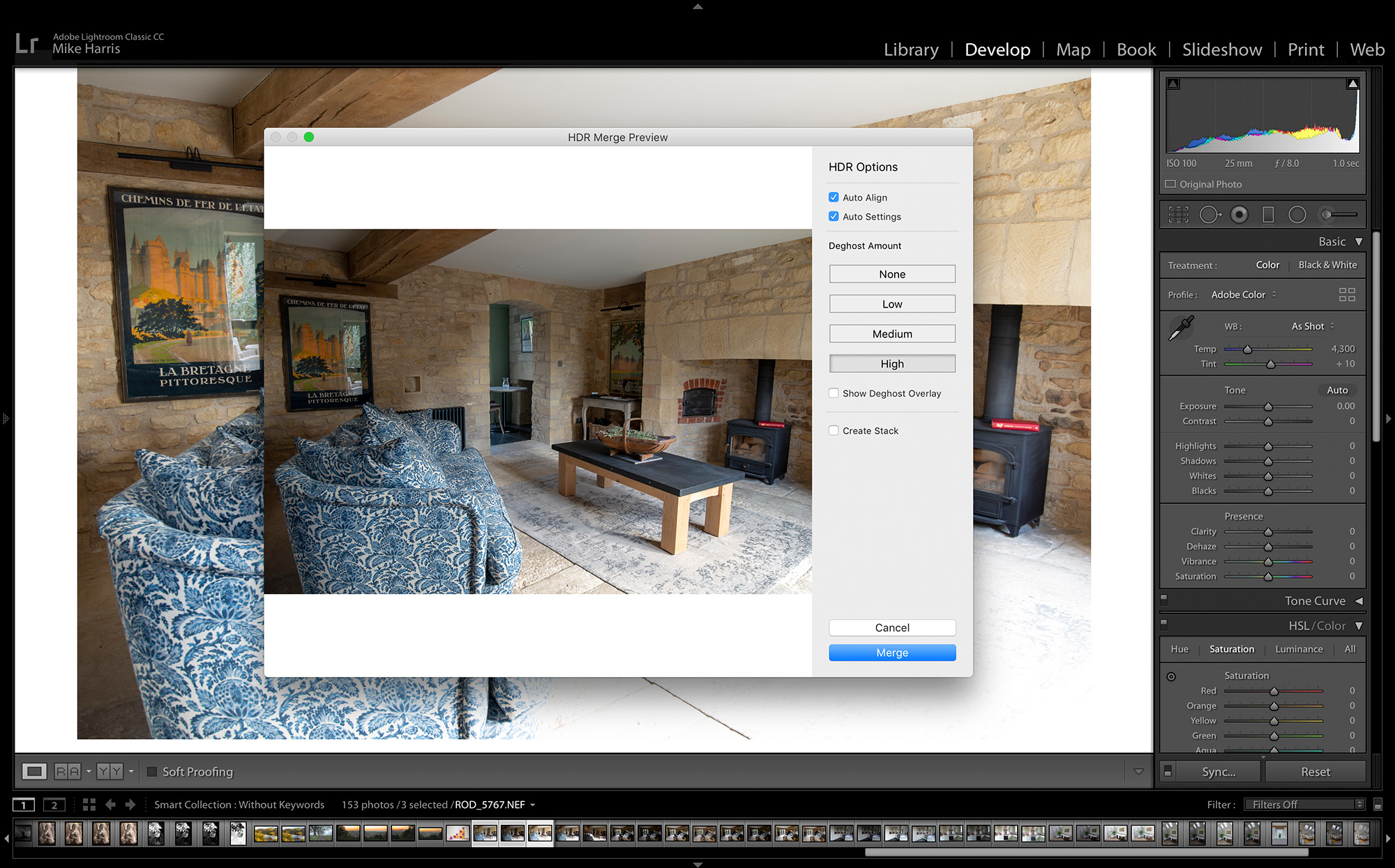 Lightroom screenshot of Photo Merge window with photo of lounge
