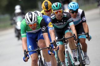 Deceuninck-QuickStep's Kasper Asgreen – in the green points jersey – leads the breakaway on stage 7 of the 2019 Tour of California