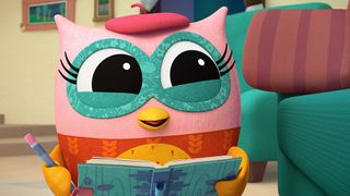 A screenshot from the Apple TV Plus show Eva the Owlet showing an animated pink owl