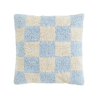A cream and baby blue tufted throw pillow