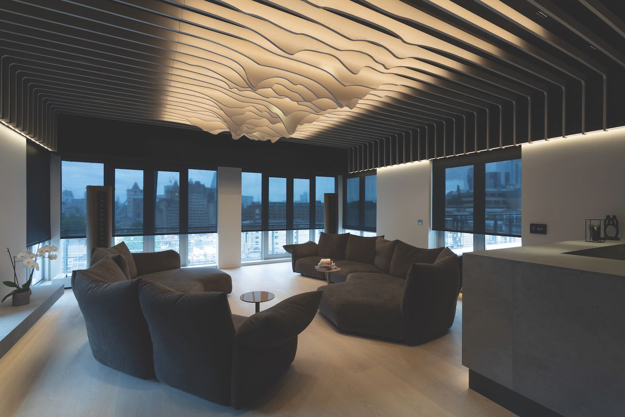 A photograph of a custom install home cinema and hi-fi system in a London penthouse apartment